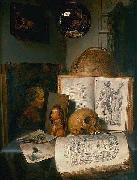 simon luttichuys Vanitas still life with skull, books, prints and paintings oil painting